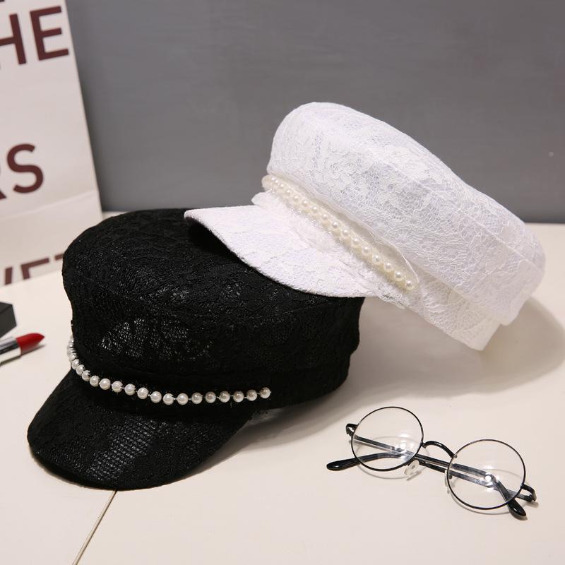 

Visors Japanese Visor Hat Women Spring Summer Retro Leisure Lace Cap Female Pumpkin Breathable Painter Style Pearl Fashion HatsVisors, White