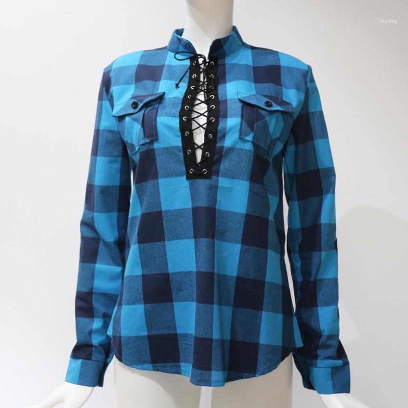 

Women Plaid Shirts Spring Long Sleeve Blouses Shirt Office Lady Cotton Lace Up Tunic Casual Tops Plus Size Blusas Women's, Green