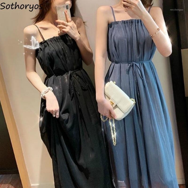 

Casual Dresses Dress Women Chiffon Patchwork Mesh Spaghetti Strap Fashion Sweet Korean Style Chic Streetwear Womens Ankle-length Sexy, Black