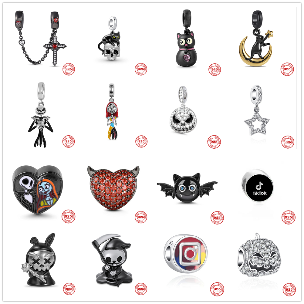 925 Sterling Silver Dangle Charm New Black Plated Cross Safety Chain Jcack Skull Bead Fit Charms Bracelet DIY Jewelry Accessories