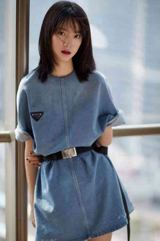

triangle summer new denim work clothes buckle belt wash slim short sleeved dress, Blue