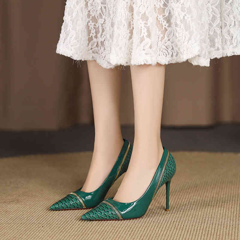 

Brazed Golden Bird Sexy Snake Pattern Green High Heels Women's Spring 2022 New Pointed Fashion Zipper Stiletto Shoes, White