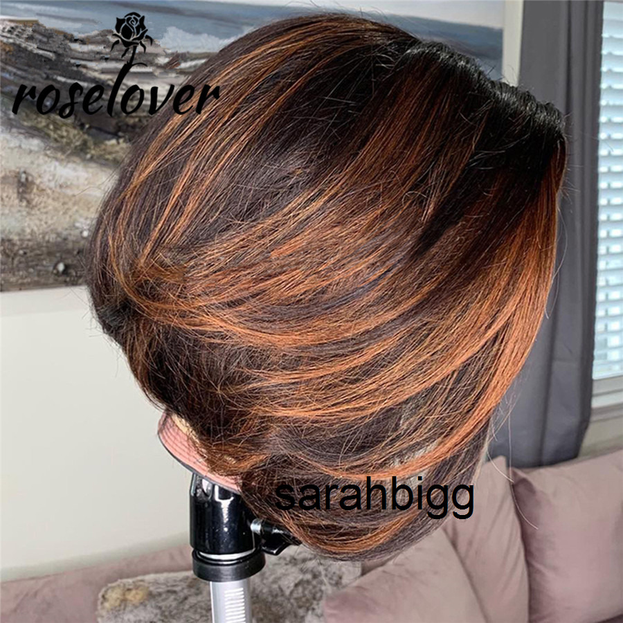 

Short Bob Straight Human Hair Wig with Baby Hairs Brazilian Pre-Plucked 13x1 Lace Front Synthetic Wigs For Women CPTZ, Ombre color like picture show