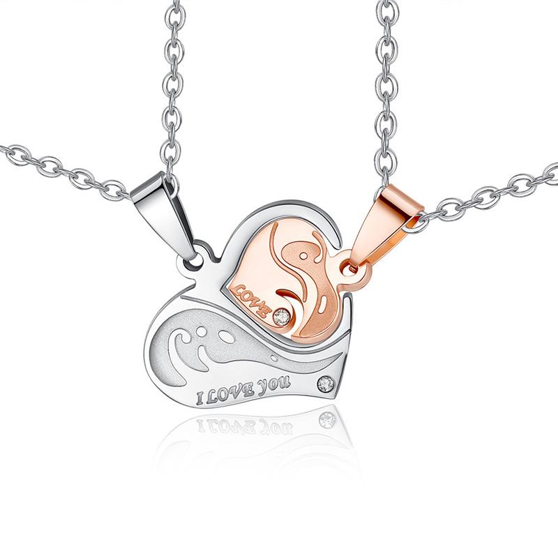

Pendant Necklaces Heart Shaped Puzzle Couple Necklace Stainless Steel Setting Cubic Zirconia Link Chain Color For Lovers