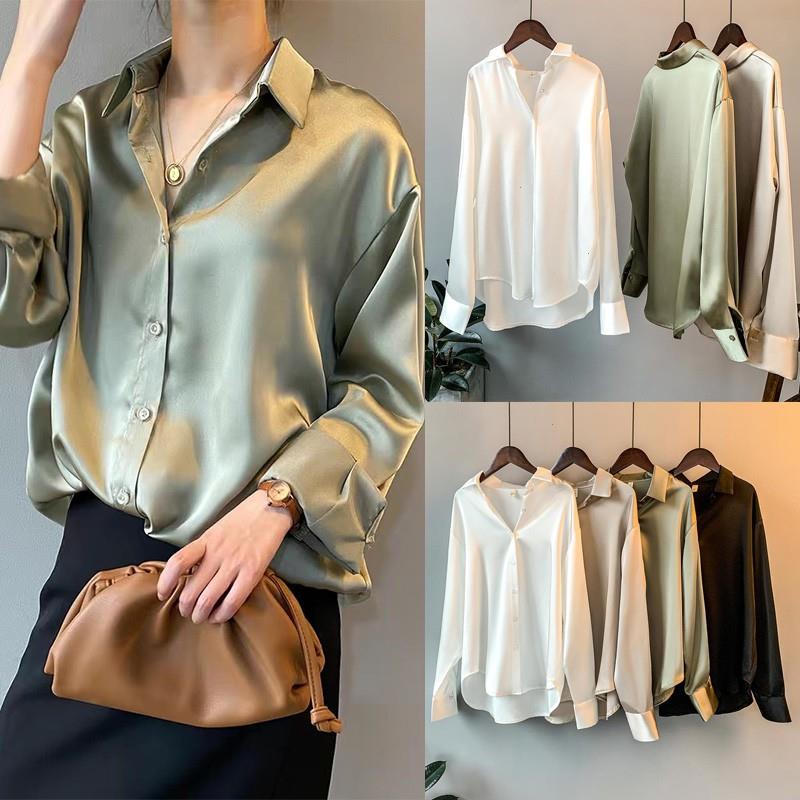 

Women Satin Blouse Tee Long Sleeve Loose Retro Shirt Fashion Temperament Simple Plain Tops Woman Tshirts, Champagne.