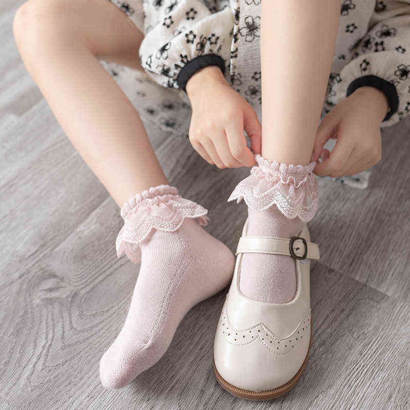 

Girls Socks Spring And Autumn Korean Fashion Version Of Little Pure Cotton Baby Lace Princess White Winter L220716, Beige