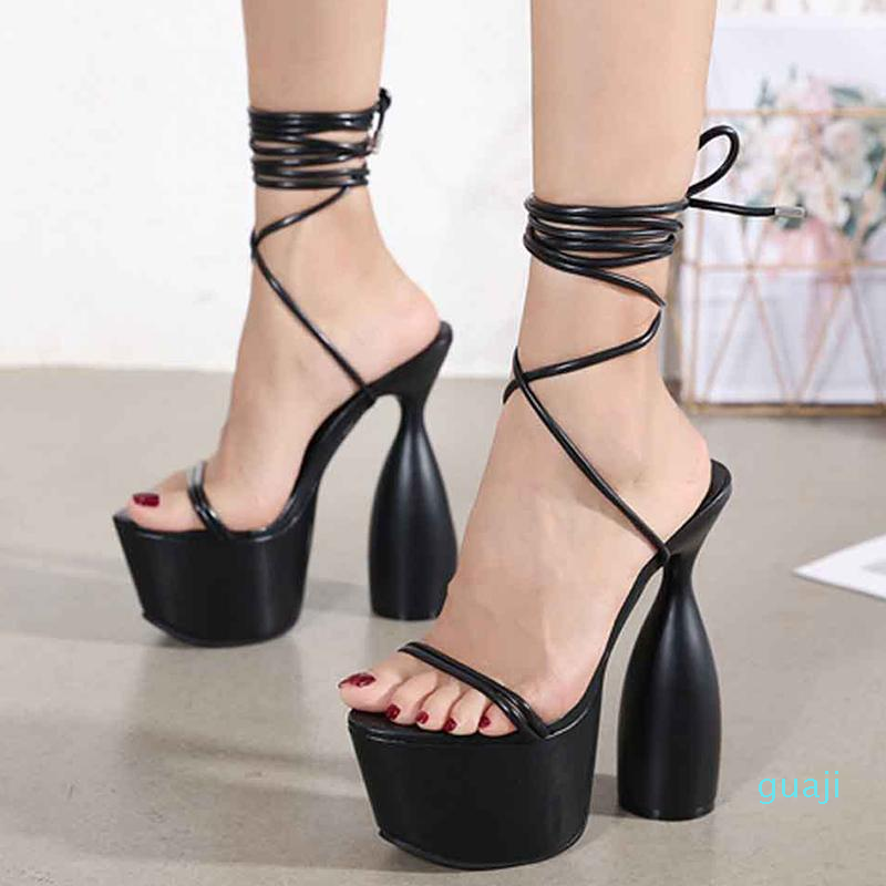 

Dress Shoes Platform High Heels For Women Roman Wedges Lace-up Chunky Gladiator Sandals Big Fish Peep Toe Cross Female Pumps Sexy, Black
