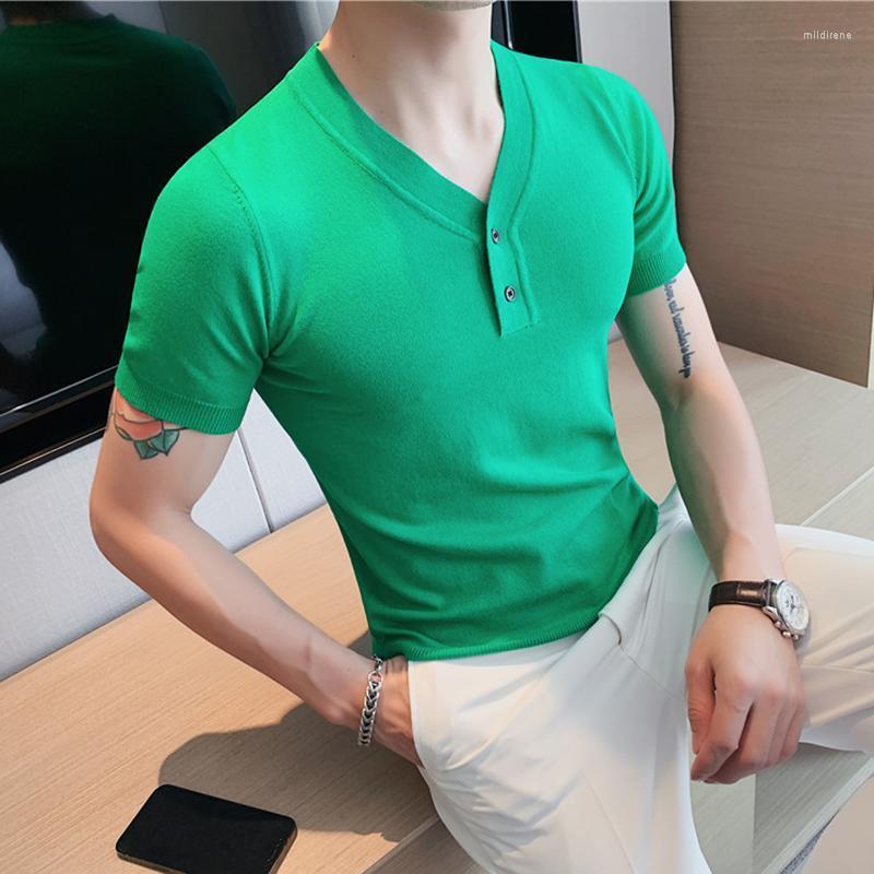 

Men's Polos Summer Fashion Shirts Solid Color V Neck Short Sleeve Casual Tee Tops Mens Business Slim Fit Social 4XL-MMen's Men'sMen's Mild22, Blue