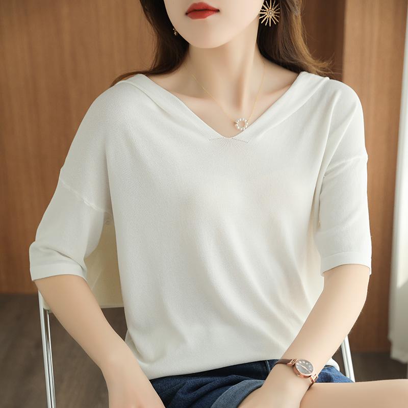

Women's T-Shirt High-end Women's Spring Short-sleeved Loose Pullover Hooded Knitted Thin Summer T-shirtWomen's, White