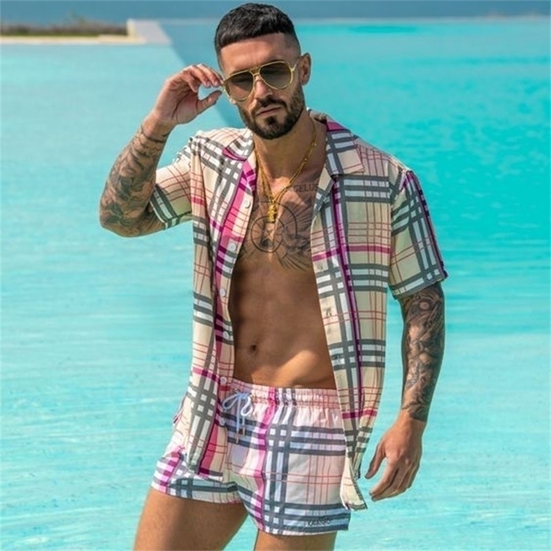

Grid Hawaiian Mens Printing Short Sleeve Summer Casual Floral Shirt Beach Two Piece Suit Fashion Men Sets S3XL 220629, Tz-13green