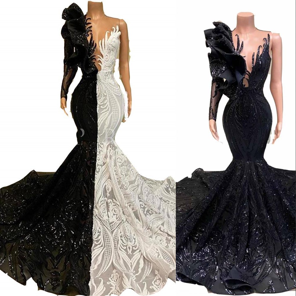 2022 Sexy Sparkly Black White Sexy Mermaid Prom Dresses V Neck Illusion Sequined Lace One Shoulder Long Sleeve Sequins Formal Party Dress Plus Size