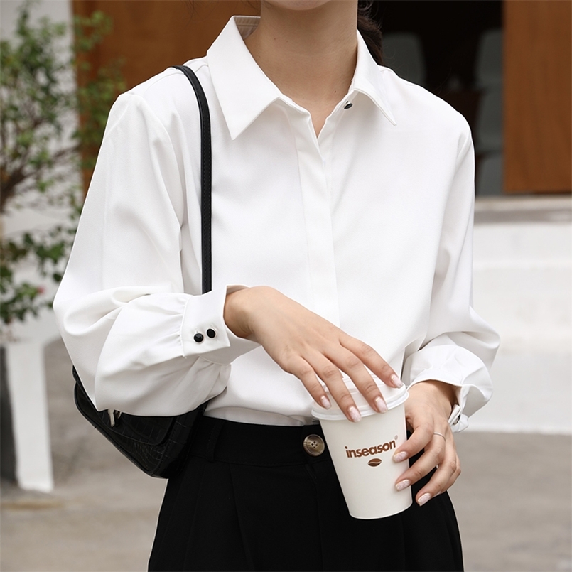 

OL Style Formal Women White Shirts Turn-Down Collar Blouse Tops Elegant Workwear Female Blusa Single-Breasted Shirts Long Sleeve 220407