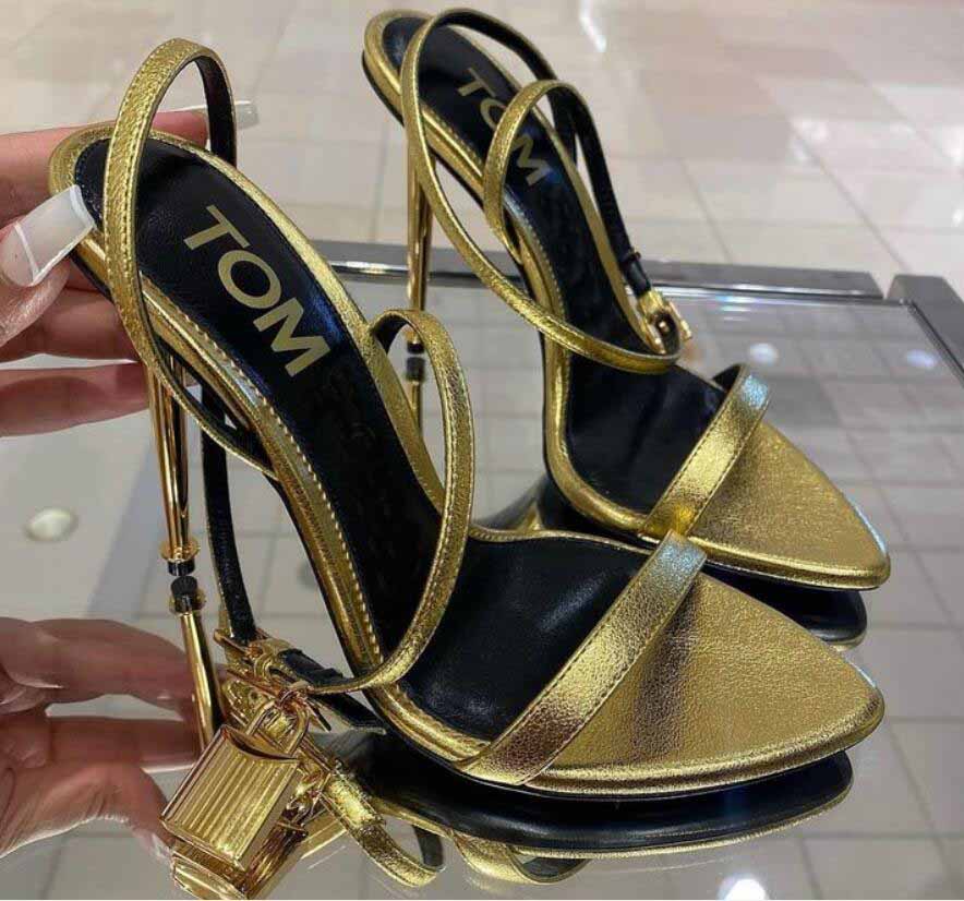 

Luxury brands lady sandal gold heel tomfords-heel padlock shiny nappa leather pointy naked sandal wedding party dress pump ankle strap with box