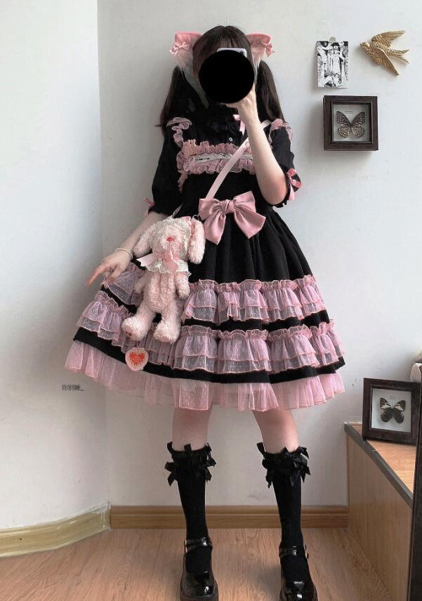 

Party Dresses Summer Girl Harajuku Sweet Preppy Style Temperament Kawaii Fashion Cascade Mesh Black Pink Bow Lotus Leaf Sling Dress