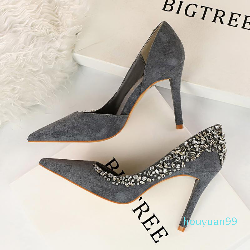 

Fashion Women Spring Sexy Flock Pumps High Heels Shoes Female Fashion Pointed Toe Shallow Ladies Crystal Party1, Gray