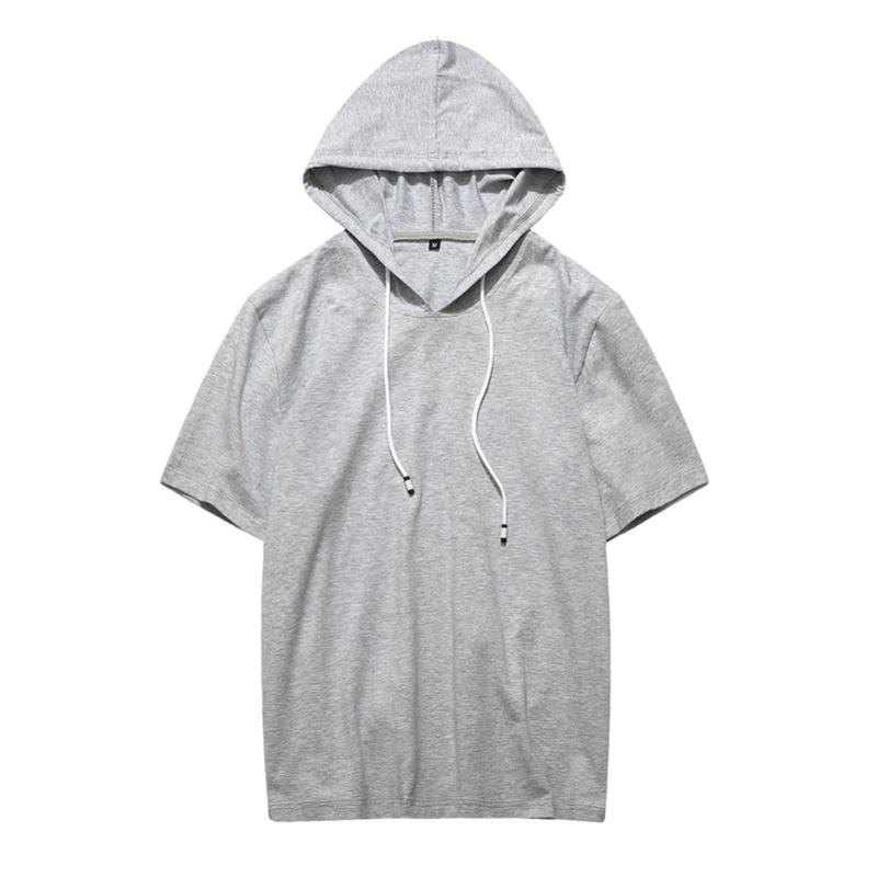 

Summer Men Tshirt Casual Solid Loose Hooded Tops Tees Shirts Male Sportswear Hoodie Short Sleeve, Grey