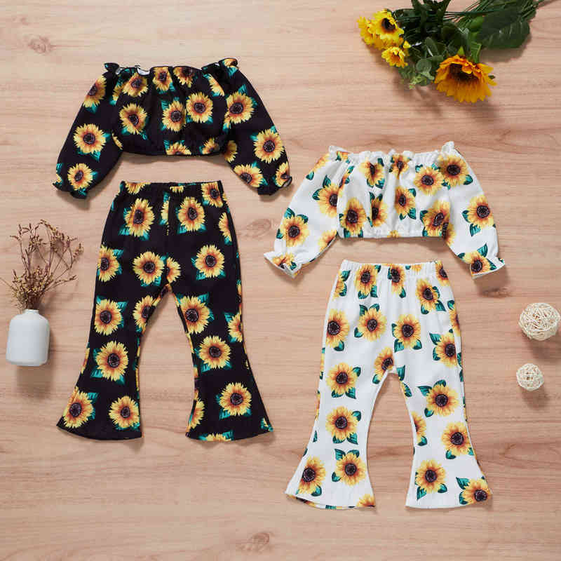 

Citgeett Autumn Kids Girls Sunflower Print Clothing Set Long Sleeves Off Shoulder Cropped Tops J220712