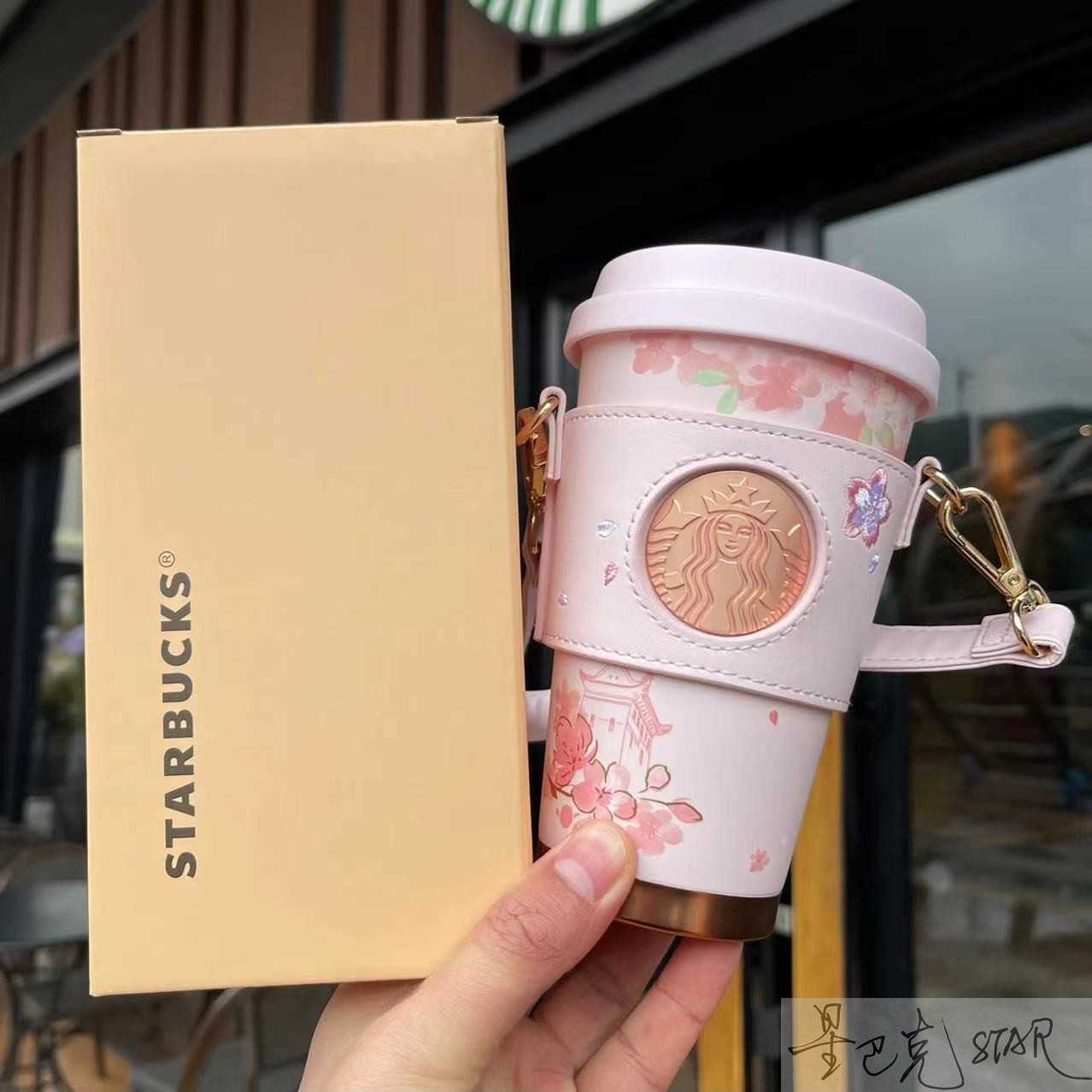 

Starbucks new cup 370ml Cherry Blossom stainless steel thermos with portable cover coffee, Yellow