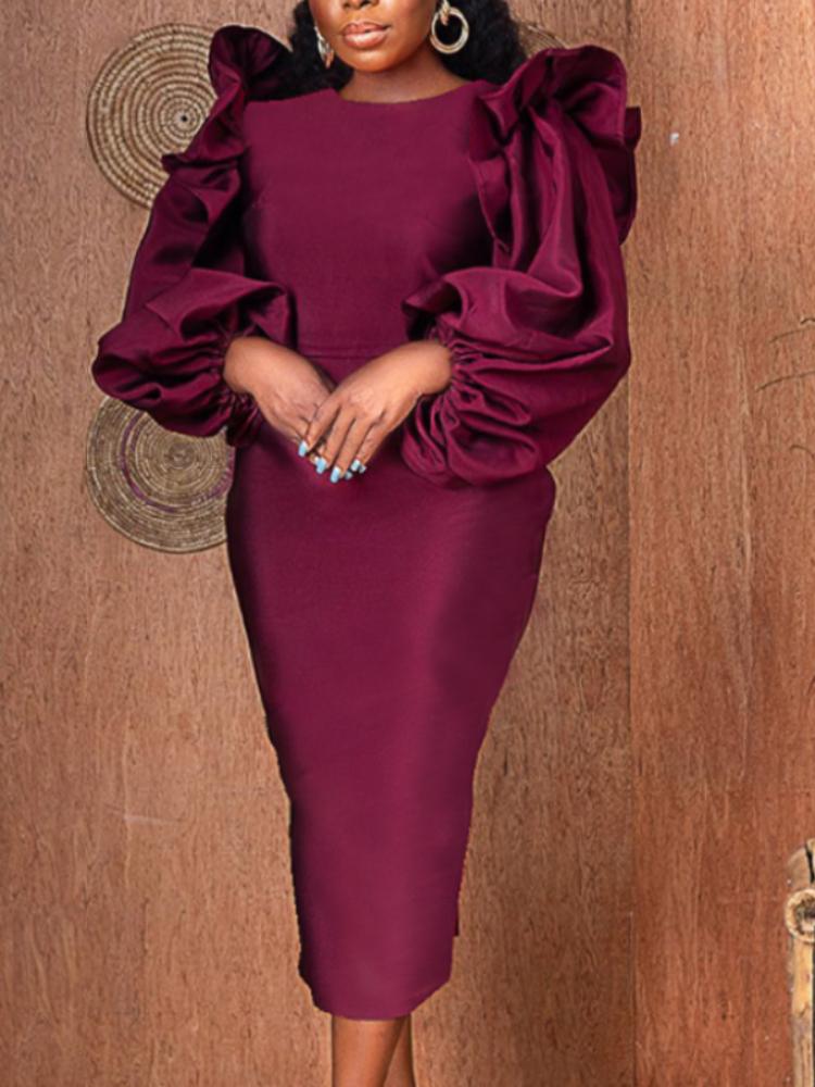Robes décontractées Femmes Robe Moulante Longue Lanterne Manches Volants Patchwork O Cou Midi Anniversaire Fête De Mariage Tenues Grande Taille F