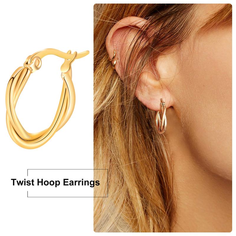 

Hoop & Huggie Stainless Steel Double Gold Color Twist Earrings Chic Tube Hoops Danity Round Minimalist Ear JewelryHoop