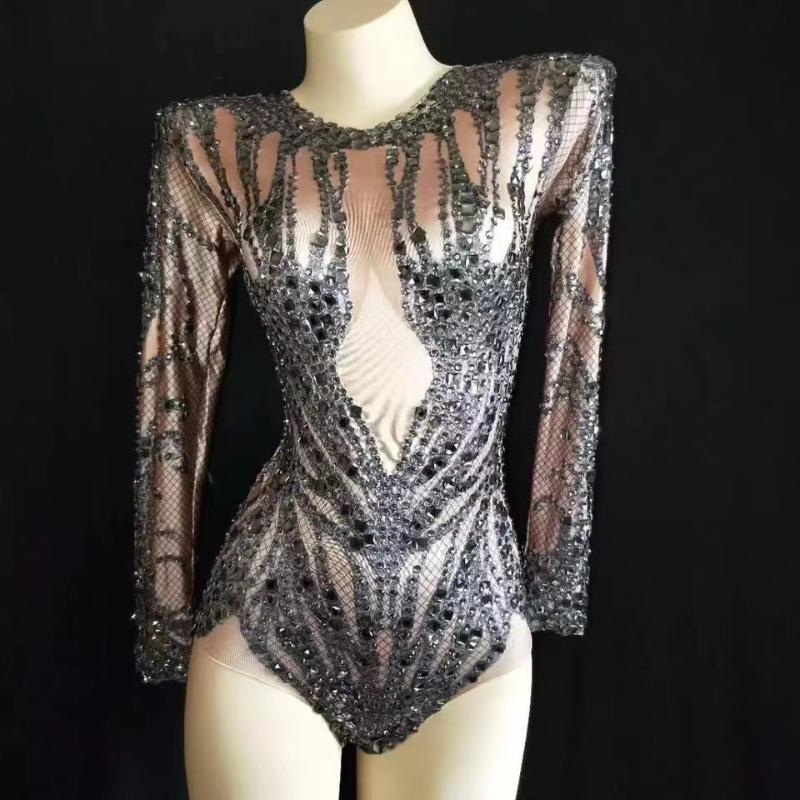 

Stage Wear Performance Outfit Costume Shinny Black Crystals Nude Bodysuit Party Celebrate Rhinestones Stretch Leotard Dance WearStage