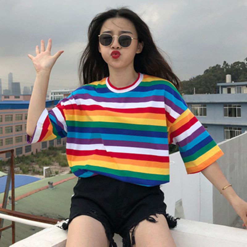 

Women's T-Shirt T Shirt Women Rainbow Striped Tops Harajuku Tshirt 2022 Summer Short Sleeve Korean Punk Camiseta Feminina, Black