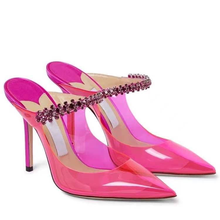 

Women's pvc high-heeled slippers crystal decorative shoes Rhinestone instep evening wear luxury designer shoes 95mm leather sole dress shoe Sandals, Fuchsia