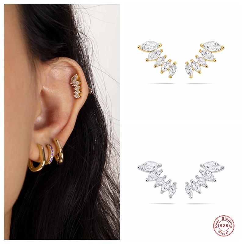 

Stud Aide 925 Sterling Silver Gold Five Oval Zircon Earring Clear Crystal Leaf Branch Line Ear Piercing Pendientes JewelryStud