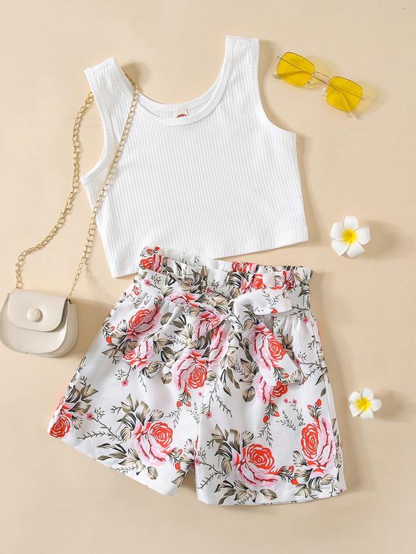 

Girls Crop Tank Top & Allover Floral Print Paperbag Waist Belted Shorts SHE, Multicolor