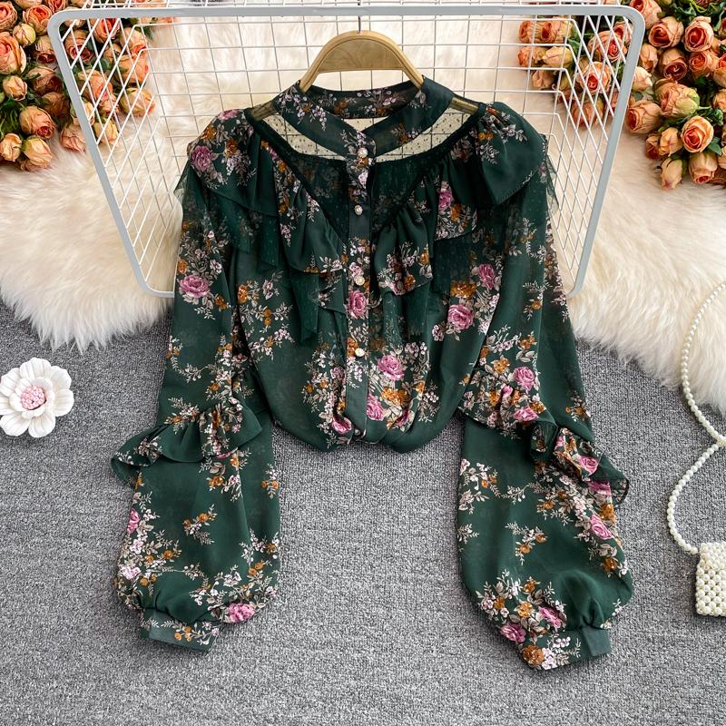 

Women's Blouses & Shirts Mesh Patchwork Chiffon Women Summer Design 2022 Ruffles Lantern Sleeved Loose Sweet Style Female Outwear Coats Tops, Green