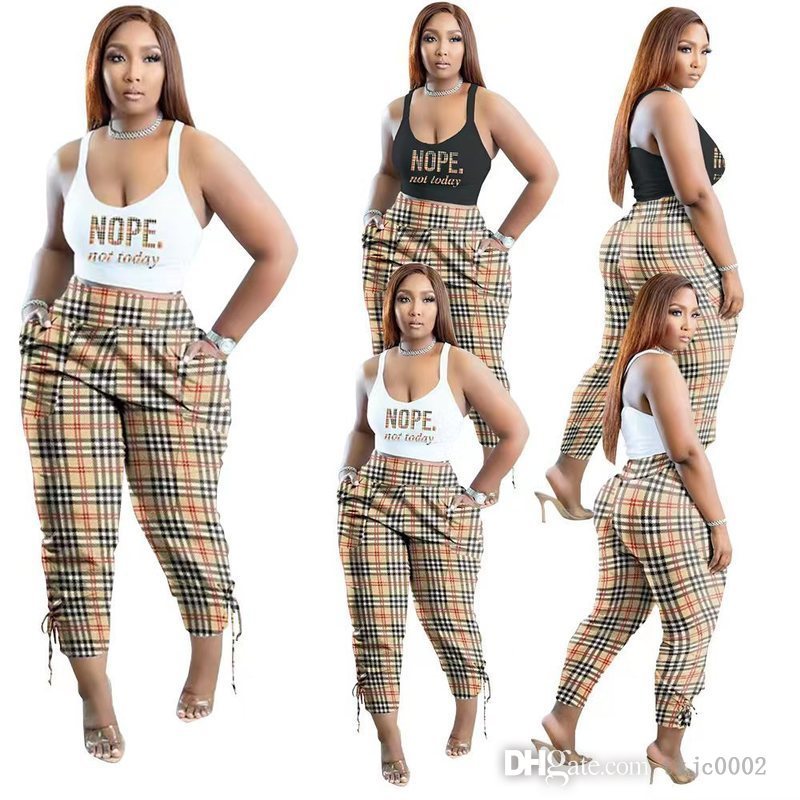 

Fashion Plaid Printed Pants Set For Women 2022 Designer Summer Outfits 4XL 5XL Crop Tank Top Ladies Two Pieces Matching Sets, Black