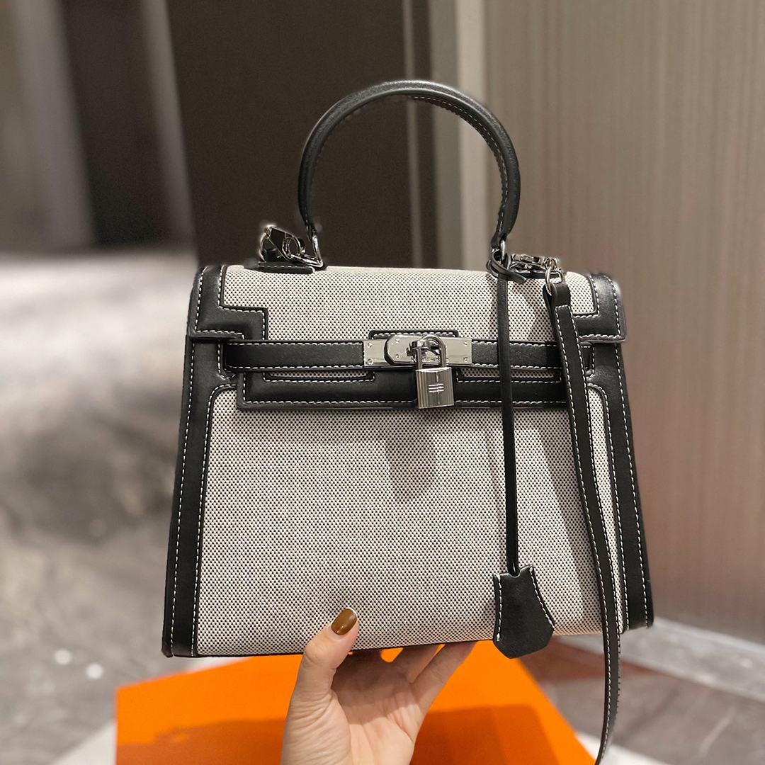 

France Brand Classic Kellyy Totes Shoulder Bags High Quality Genuine Leather Canvas Bag Fashion Original Hardware Women Handbags Luxury Designers Crossbody Bag, Black