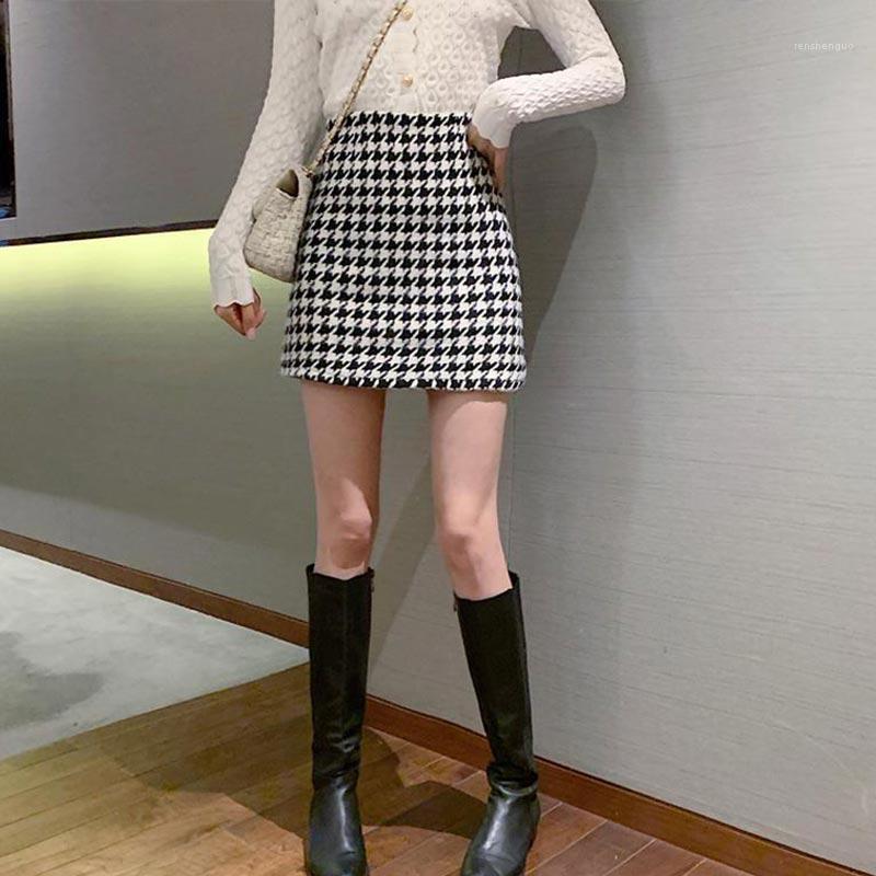 

Skirts 2022 Autumn Winter Women Elegant Houndstooth Woolen Mini Female Fashion Vintage High Waist Buttocks Short A Line Skirt