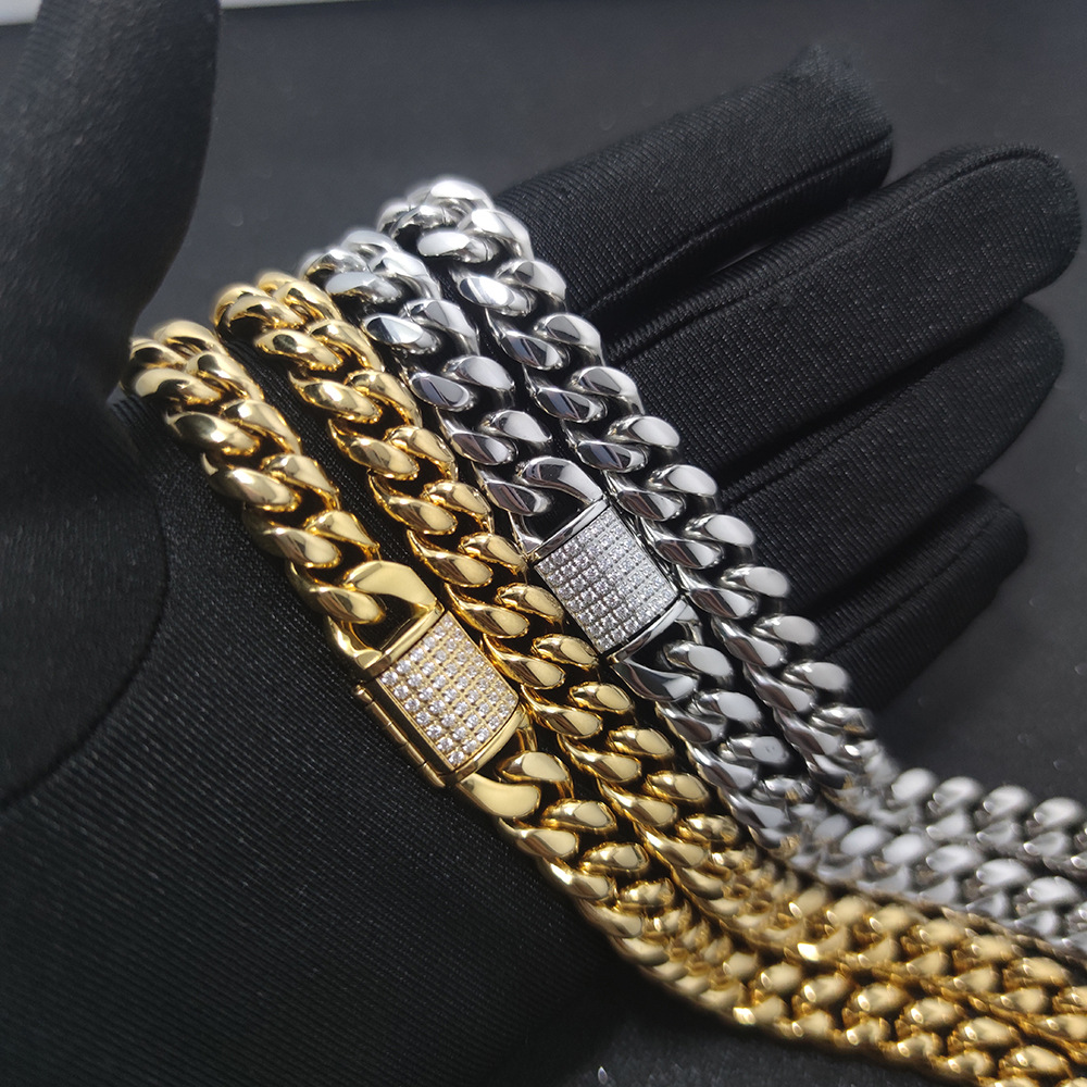 

Cuban Link Chain Necklace Bracelet Set Heavy 18K Gold Plated Stainless Steel Metal Diamond Chain Choker Jewelry for Boys Girls, Silver