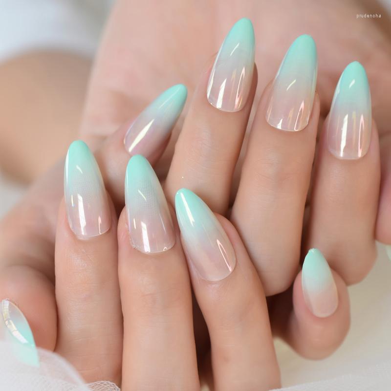

False Nails Ombre Green Fake Metallic Shiny Style Clear Moo Almond Gradient Press On Fingernails Long Manicure Tips 24pcs Prud22, L6233