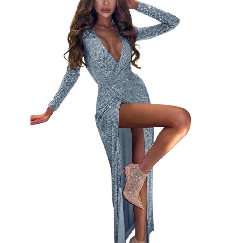

Casual Dresses Sexy Women Slim Dress Shiny Sequin Deep V Neckight Waist Split Design Spring Autumn Ladies Vestidos, Black;gray