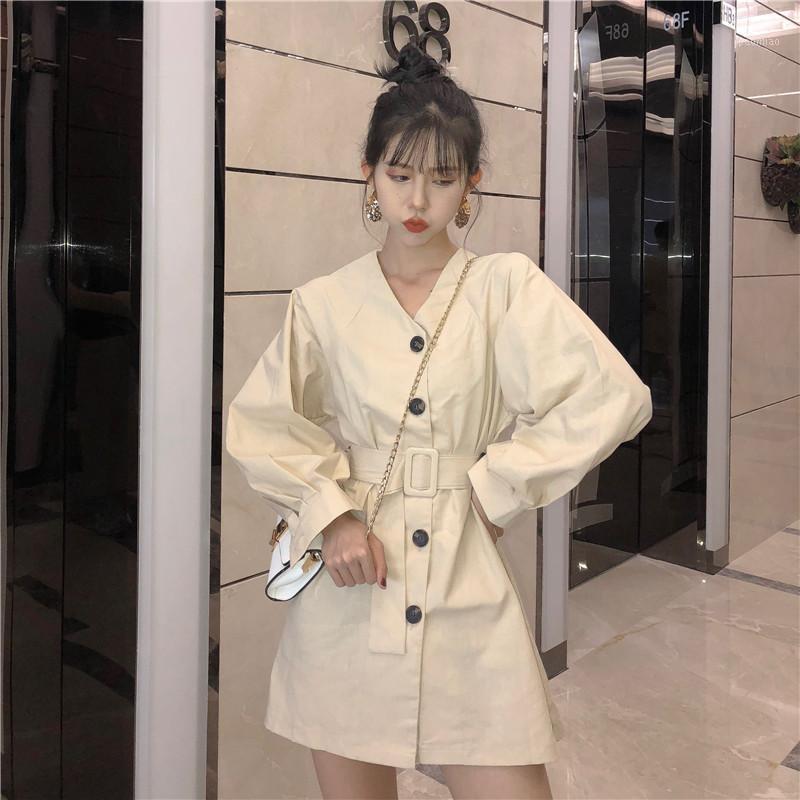 

Casual Dresses Harajuku Spring Autumn Single Breasted Vestidos Fashion Brand Full Sleeve Sashes V-neck Mini-dress Women' Clothing Vintage, Apricot