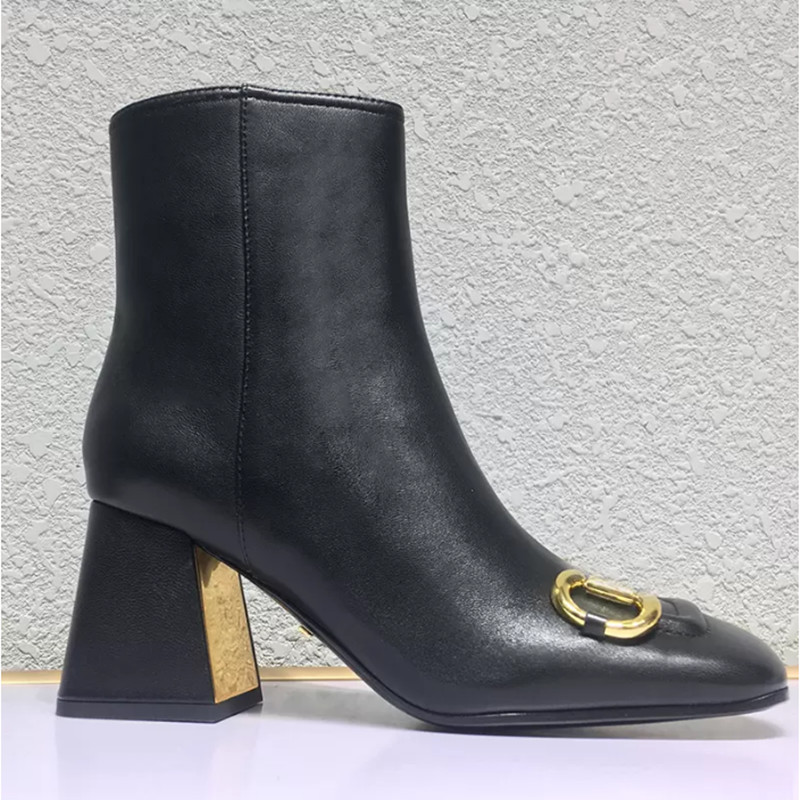 

Classic Buckle Ladies Boots Luxury Designer 100% Leather Internal Zip High Heels Toe Quality Square Toe 7.5cm Chunky Heel Ladies Shoes Ankle Boots Large Size 35-42, As pic