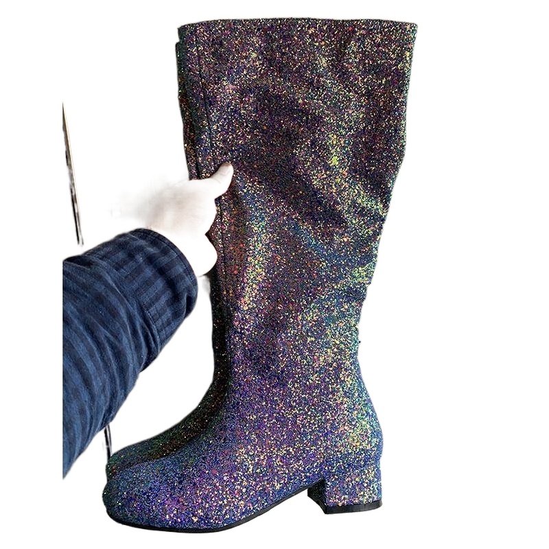 

olomm New Fashion Women Knee High Glitter Boots Square Low Heels Boots Round Toe Silver Club Wear Shoes, D1891 blue