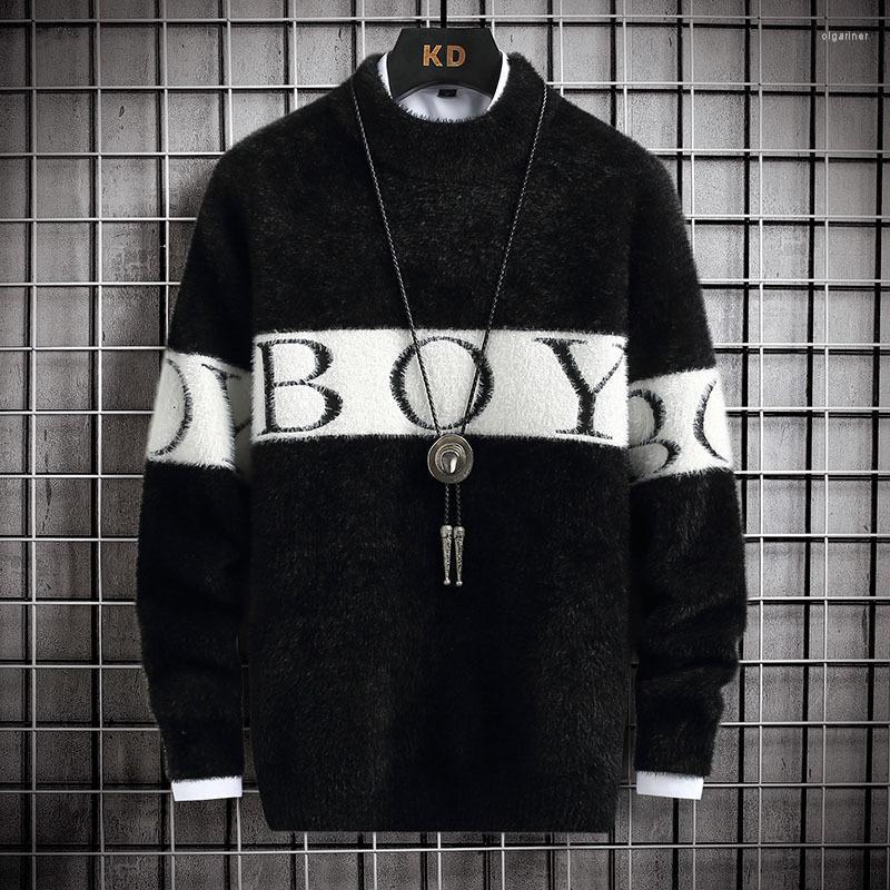 

Men's Sweaters #5861 Black Grey Blue White Mohair Sweater Men BOY Letters Mink Velvet Pullover Spliced Color Knitted Male WarmMen's Olga22