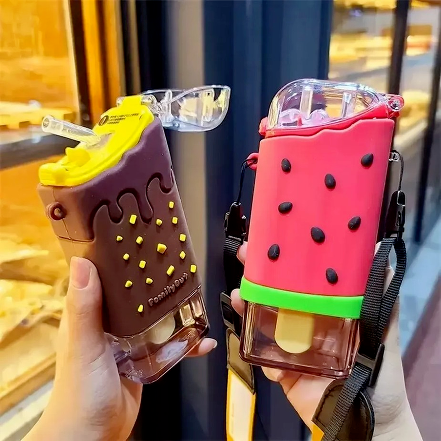 

Summer Cute Donut Ice Cream Water Bottle With Straw Creative Square Watermelon Cup Portable Leakproof sxmy25