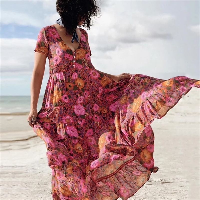 

Happie Queens Women Deep V neck Button Red Floral Print Beach Bohemian Maxi Dress Ladies Rayon Summer Boho Sundress Vestidos 220614, As picture