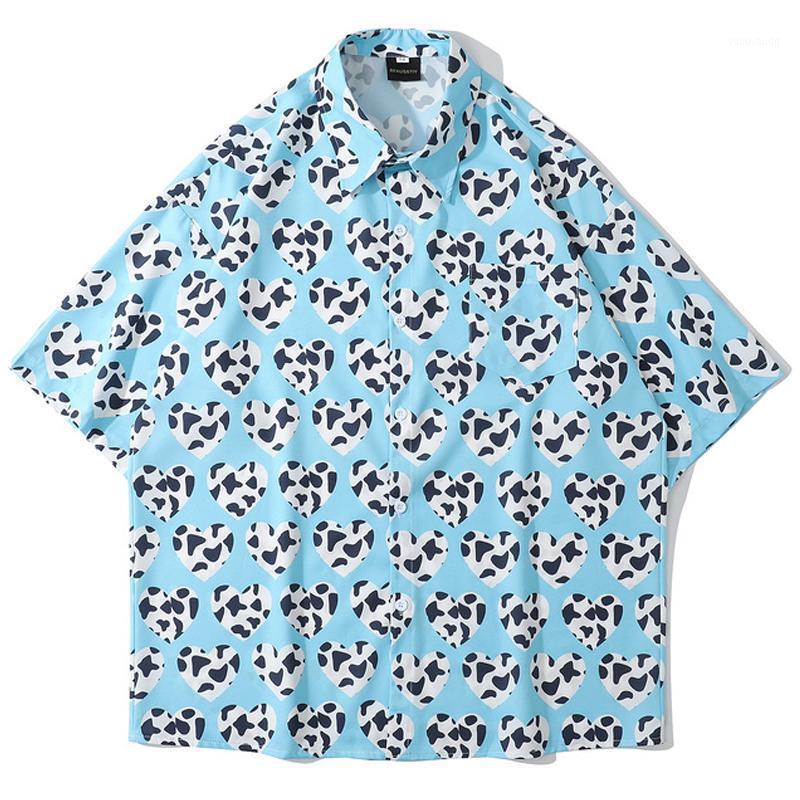 

Mens Harajuku Full Heart Print Shirts Blouse Unisex Oversize Short Sleeve 2022 Summer Hawaii Turn-down Collar Pink Loose Men's Casual, Blue
