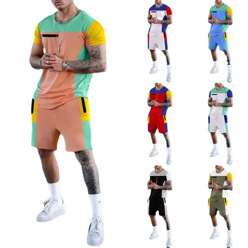 

Summer Splicing Color Tracksuits For Men Fitness Round Neck T shirt And Sports Drawstring Shorts Running Two Piece Sets 2252, Gray black white