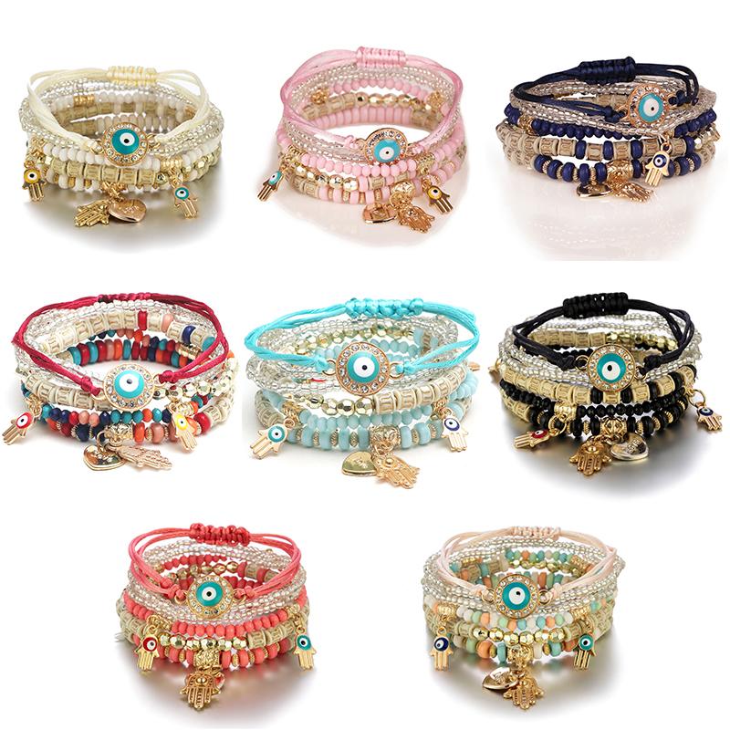 

Bangle Fashion Bohemia Multi-layer Bracelet Love Heart Crystal Eyes Shape Bead Wristband Girl Women Vintage Party JewelryBangle