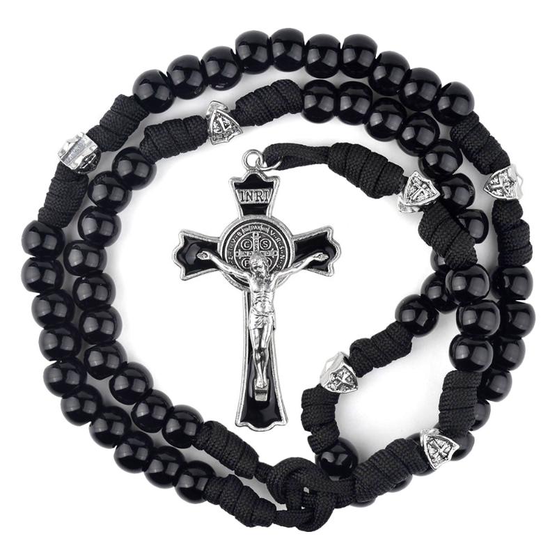 

Chains Black Paracord Men Rosaries 12mm Acrylic Beads Cross Necklace For Soldier Catholic Rugged RosaryChains