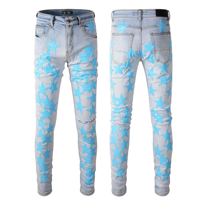 

Mens Jeans For Guys Rip Slim Fit Skinny Man Pants Orange Star Patches Wearing Biker Denim Stretch Cult Motorcycle Trendy Long Straight Hip Hop With Hole Blue L5MM, 836