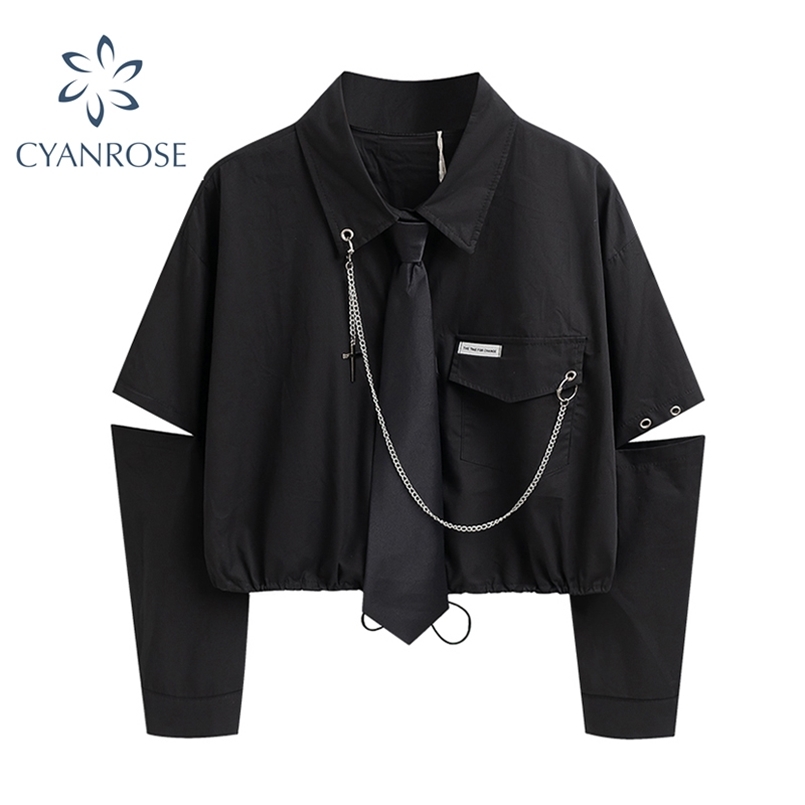 

Fashion Punk Style Women Shirt Gothic Harajuku Dark Tie And Chain Long Sleeve Split Goth Design Streetwear Blouse Girl Crop Top 220407, Dark grey