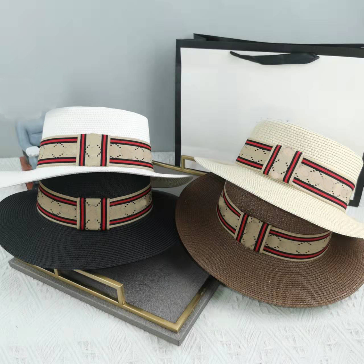 

Designer Hat For Men and Women Wide Brim Hats Ribbon Contrasting Color Luxury Letter G Straw Holiday Top Hats, Khaki