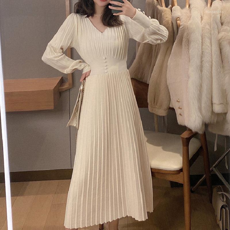 

Casual Dresses Alien Kitty Women 2022 Winter Knitted Vintage Solid Slim High Waist Draped Elegant Noble A-line Female Office Lady, White short